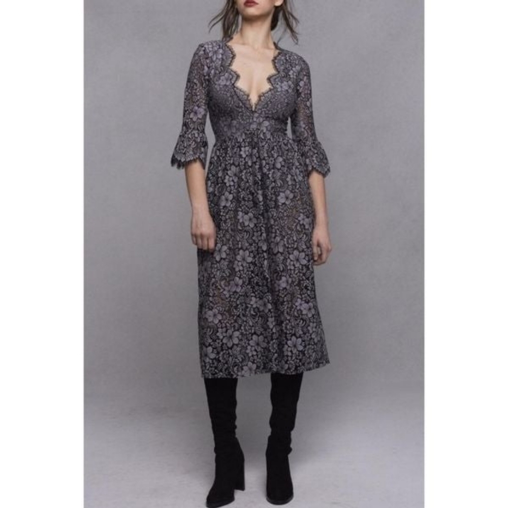 For Love & Lemons Floral Scalloped Lace Gray Midi Dress 3/4 Sleeves